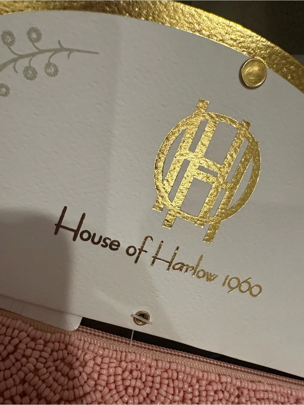 House of Harlow 1960 Pink Beaded Wristlet with Gold Logo Accent